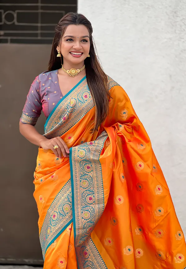 Orange_Soft_Silk_With_Flower_Butta_Meenakari_Motifs_Saree_With_Blouse_Piece_For_Women_&_Girl