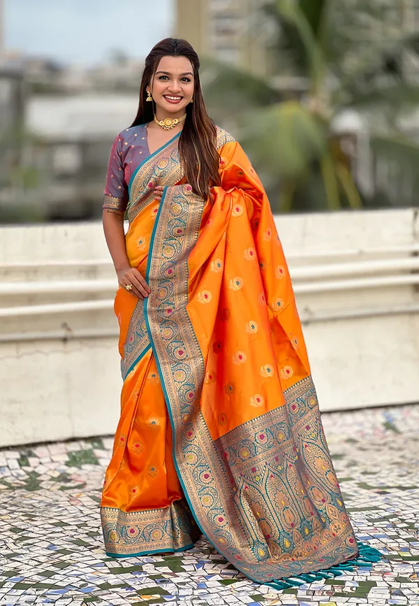 Orange_Soft_Silk_With_Flower_Butta_Meenakari_Motifs_Saree_With_Blouse_Piece_For_Women_&_Girl