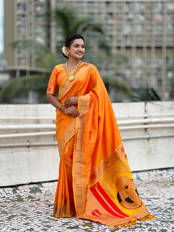 Light_Orange_Soft_Silk_With_Floral_Motifs_Weaved_Saree_With_Blouse_Piece_For_Women_&_Girl
