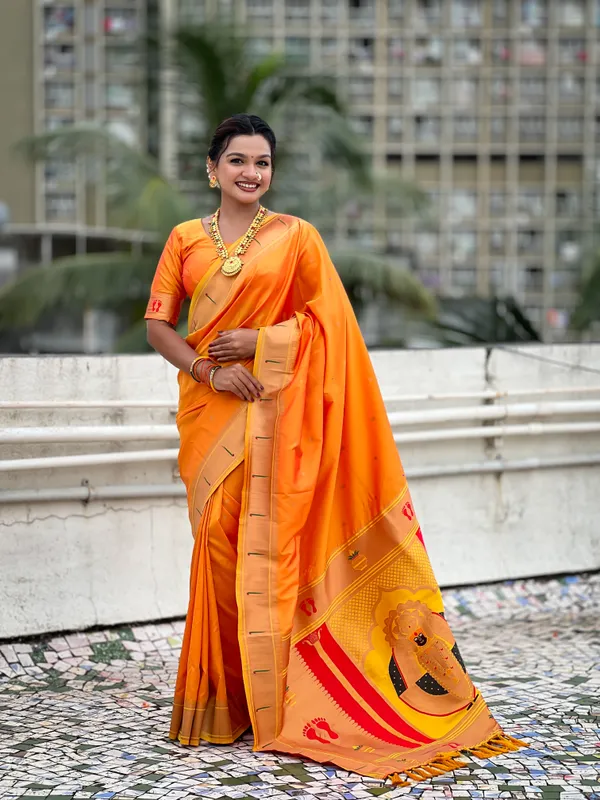 Light_Orange_Soft_Silk_With_Floral_Motifs_Weaved_Saree_With_Blouse_Piece_For_Women_&_Girl