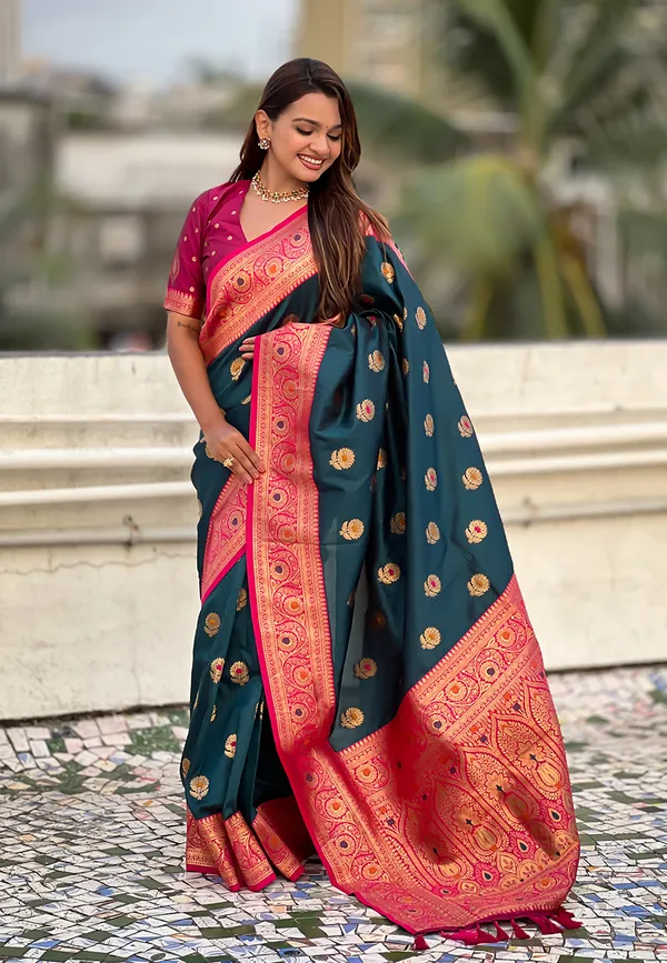 Denim_Soft_Silk_With_Flower_Butta_Meenakari_Motifs_Saree_With_Blouse_Piece_For_Women_&_Girl