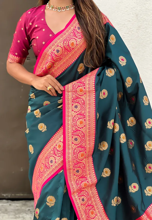 Denim_Soft_Silk_With_Flower_Butta_Meenakari_Motifs_Saree_With_Blouse_Piece_For_Women_&_Girl