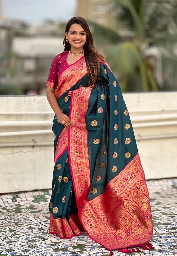 Denim_Soft_Silk_With_Flower_Butta_Meenakari_Motifs_Saree_With_Blouse_Piece_For_Women_&_Girl