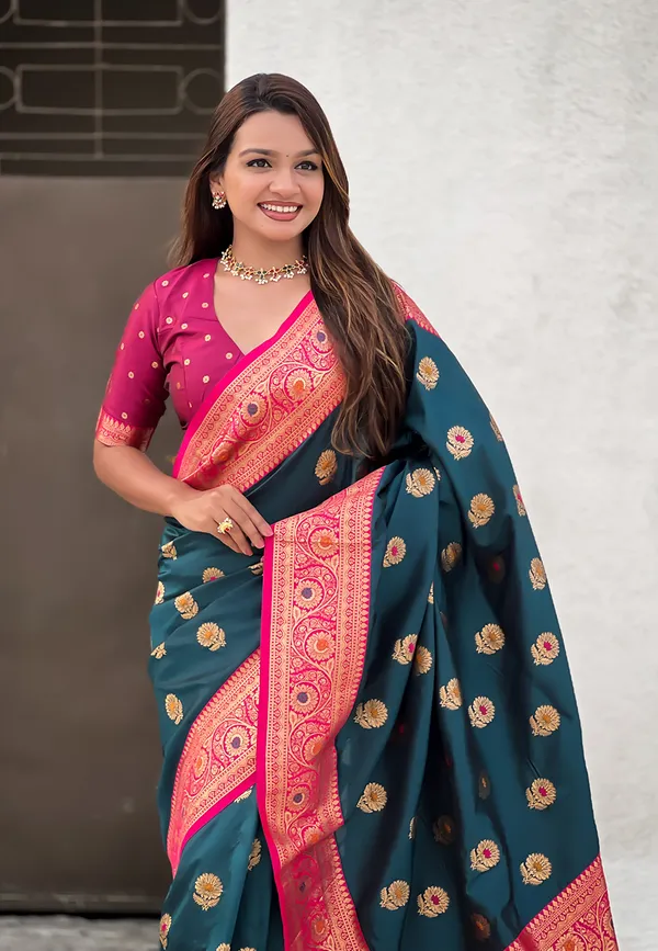 Denim_Soft_Silk_With_Flower_Butta_Meenakari_Motifs_Saree_With_Blouse_Piece_For_Women_&_Girl