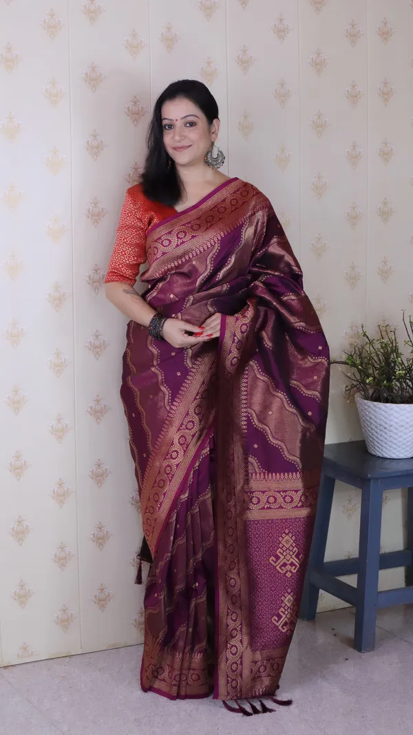 Dark_Wine_Soft_Silk_With_Flower_Meenakari_Motifs_Saree_With_Blouse_Piece_For_Women_&_Girl