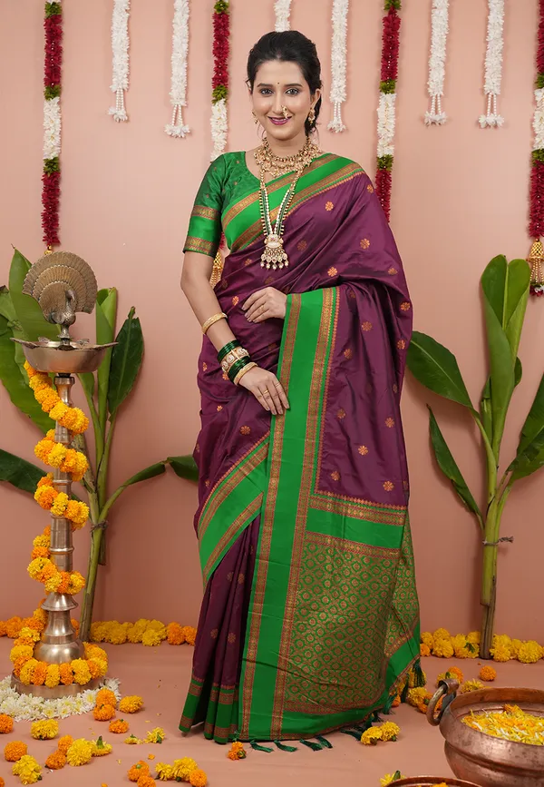 Wine_Green_Soft_Silk_With_Floral_Motifs_Weaved_Saree_With_Blouse_Piece_For_Women_&_Girl