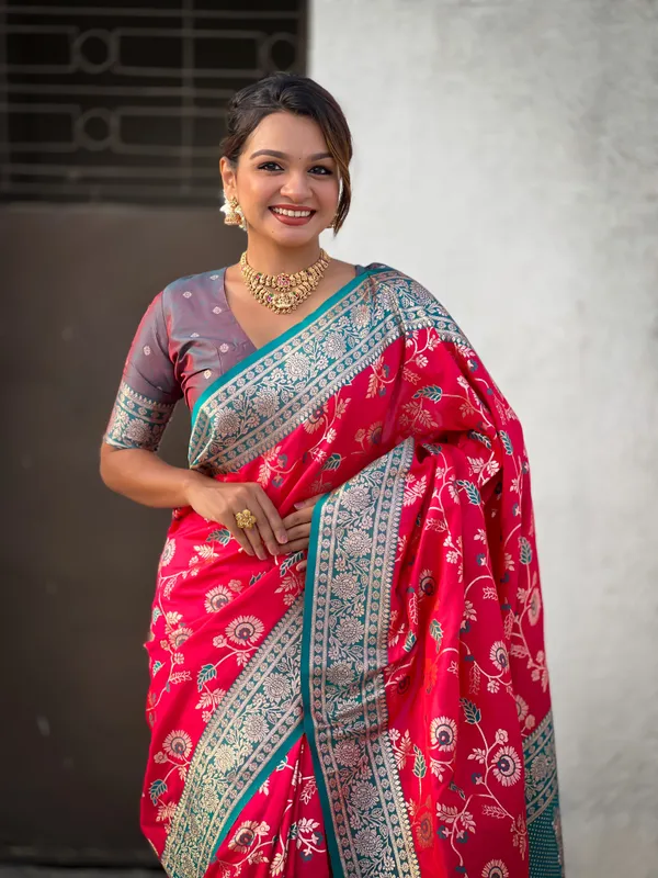 Pink_Premium_Banarasi_Soft_Silk_With_Blouse_Piece_For_Women_&_Girls