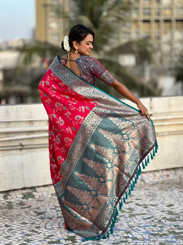 Pink_Premium_Banarasi_Soft_Silk_With_Blouse_Piece_For_Women_&_Girls