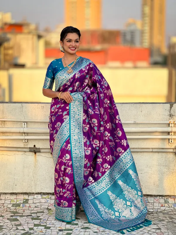 Violet_Premium_Banarasi_Soft_Silk_With_Blouse_Piece_For_Women_&_Girls