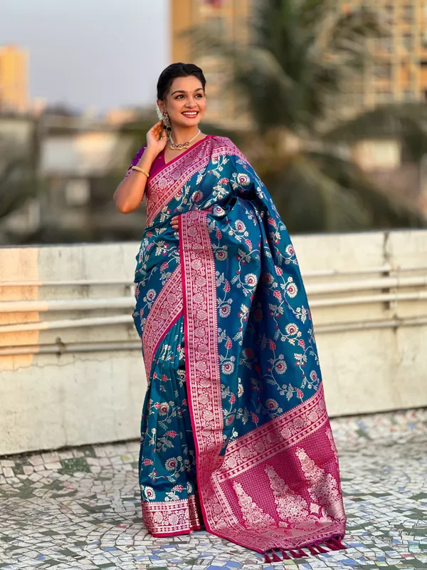 Sky_Blue_Premium_Banarasi_Soft_Silk_With_Blouse_Piece_For_Women_&_Girls