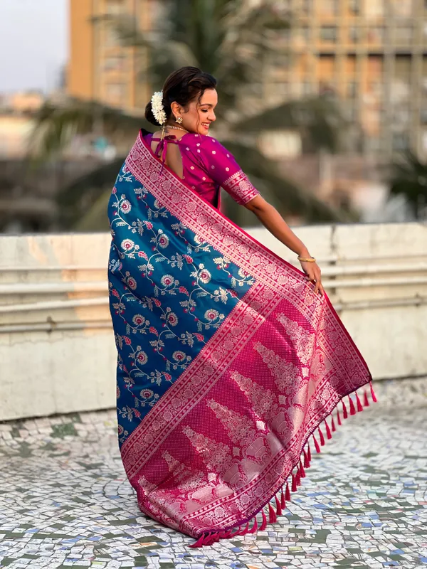 Sky_Blue_Premium_Banarasi_Soft_Silk_With_Blouse_Piece_For_Women_&_Girls
