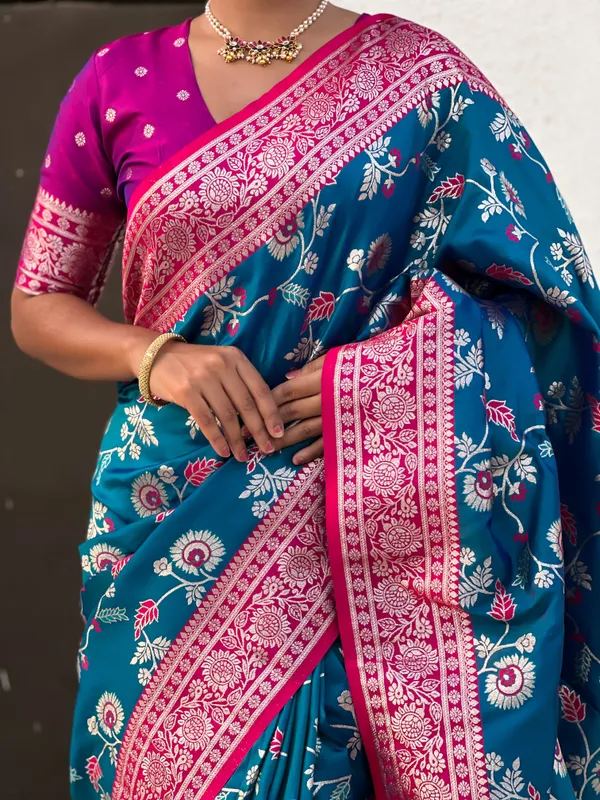 Sky_Blue_Premium_Banarasi_Soft_Silk_With_Blouse_Piece_For_Women_&_Girls