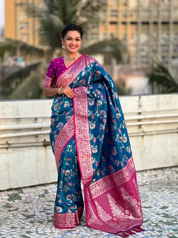 Sky_Blue_Premium_Banarasi_Soft_Silk_With_Blouse_Piece_For_Women_&_Girls