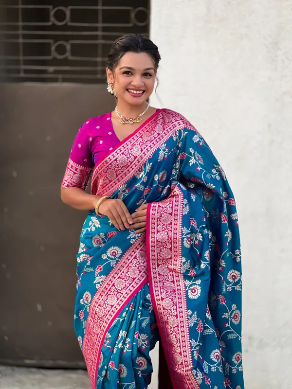 Sky_Blue_Premium_Banarasi_Soft_Silk_With_Blouse_Piece_For_Women_&_Girls