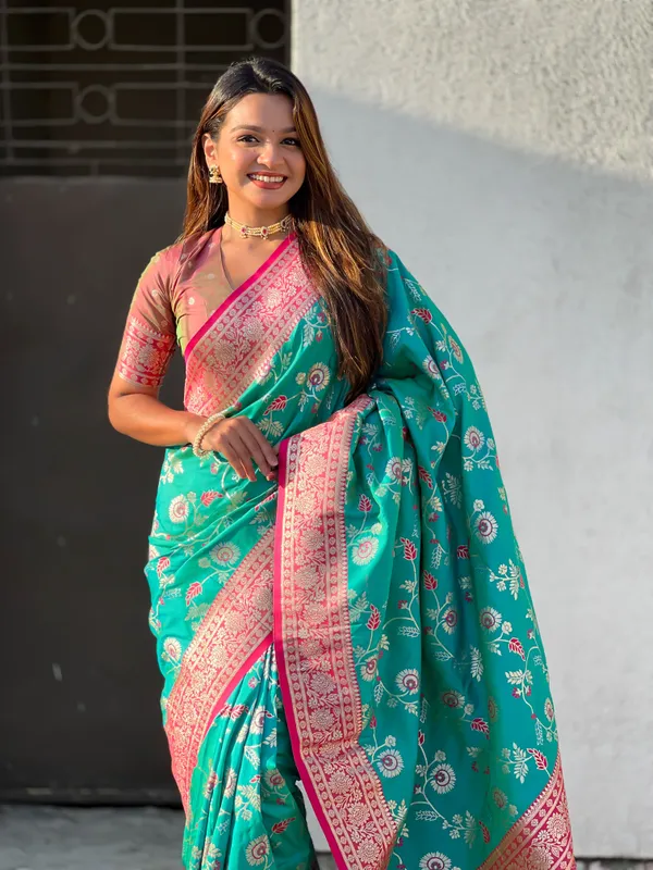 Firozi_Premium_Banarasi_Soft_Silk_With_Blouse_Piece_For_Women_&_Girls