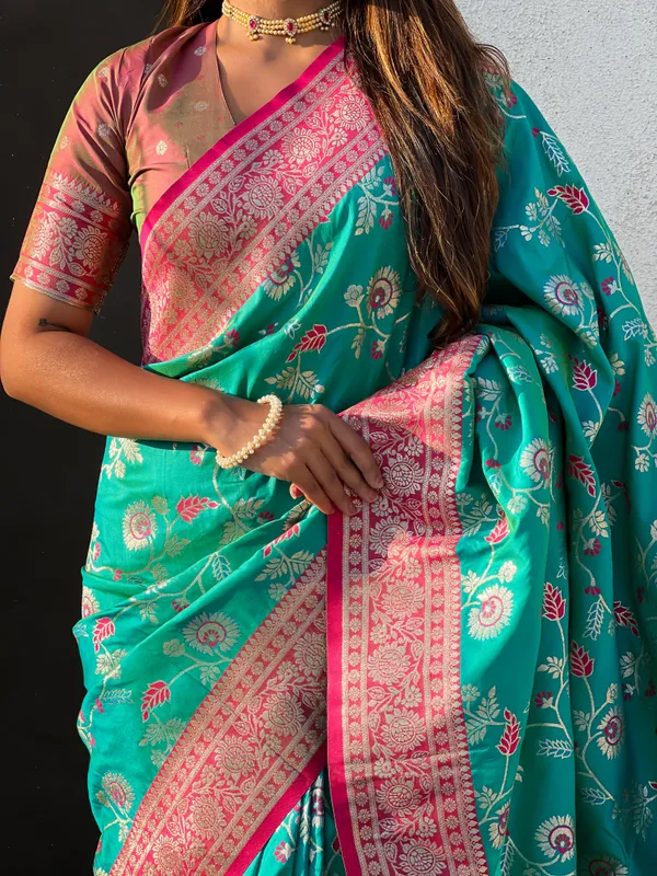 Firozi_Premium_Banarasi_Soft_Silk_With_Blouse_Piece_For_Women_&_Girls