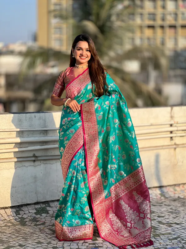 Firozi_Premium_Banarasi_Soft_Silk_With_Blouse_Piece_For_Women_&_Girls
