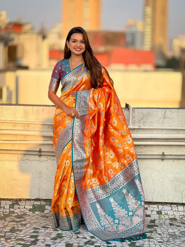 Orange_Premium_Banarasi_Soft_Silk_With_Blouse_Piece_For_Women_&_Girls