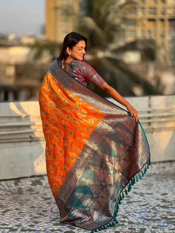 Orange_Premium_Banarasi_Soft_Silk_With_Blouse_Piece_For_Women_&_Girls