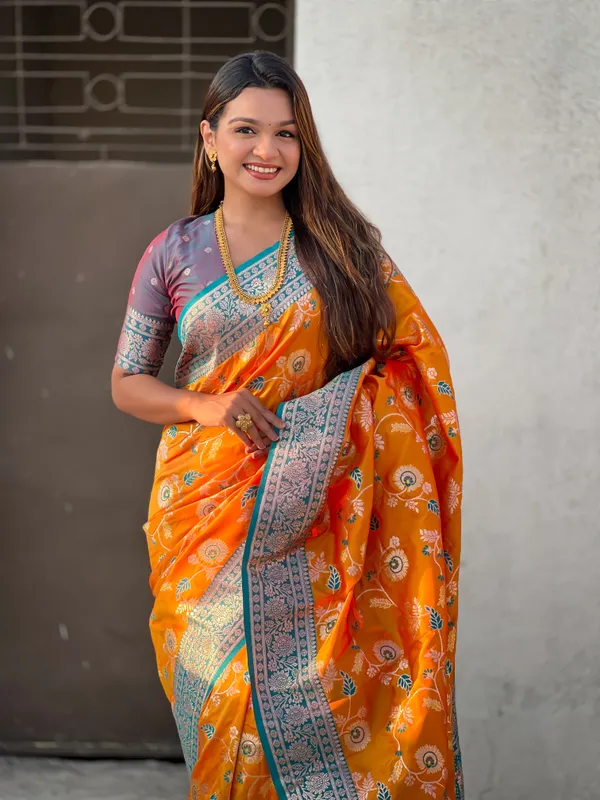 Orange_Premium_Banarasi_Soft_Silk_With_Blouse_Piece_For_Women_&_Girls