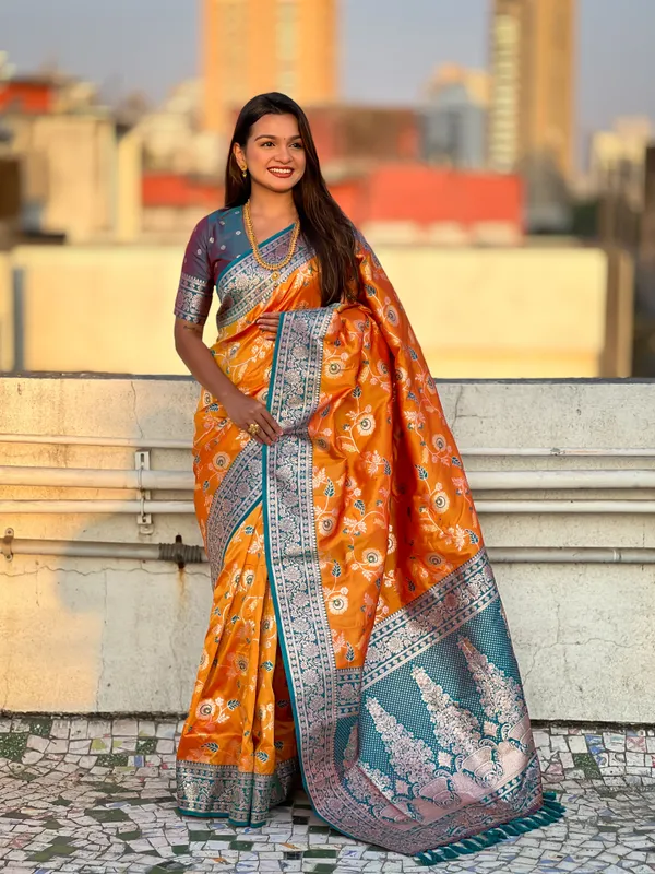 Orange_Premium_Banarasi_Soft_Silk_With_Blouse_Piece_For_Women_&_Girls