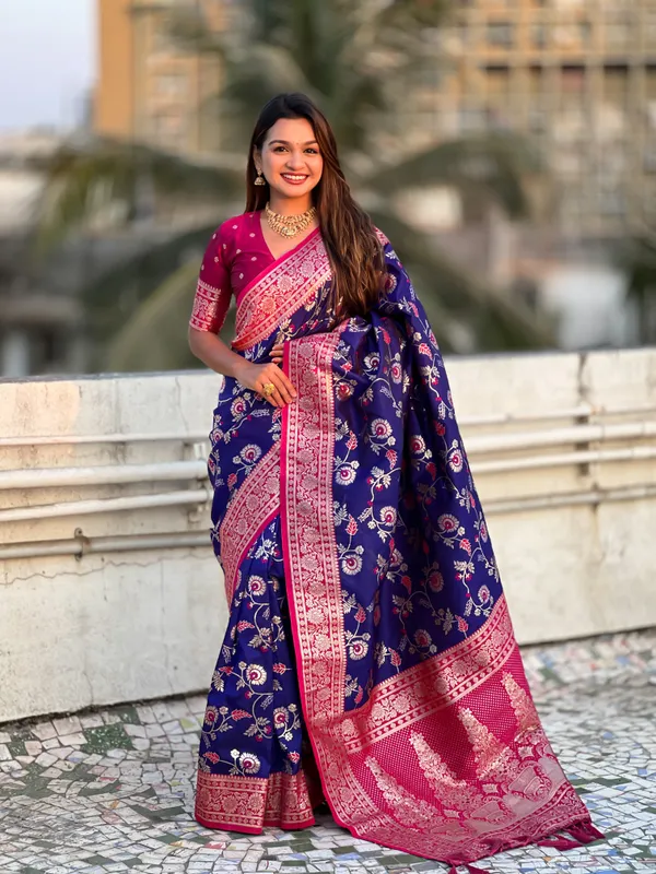 Blue_Premium_Banarasi_Soft_Silk_With_Blouse_Piece_For_Women_&_Girls