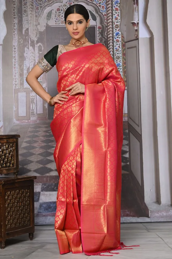 Ruby_Pink_Premium_Kanjivaram_Saree_With_Blouse_Piece_For_Women_&_Girls