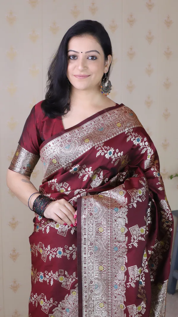Maroon_Premium_Banarasi_Soft_Silk_With_Silver_Zari_Meenakari_Jaal_Weaved_Saree_With_Blouse_Piece_For_Women_&_Girl