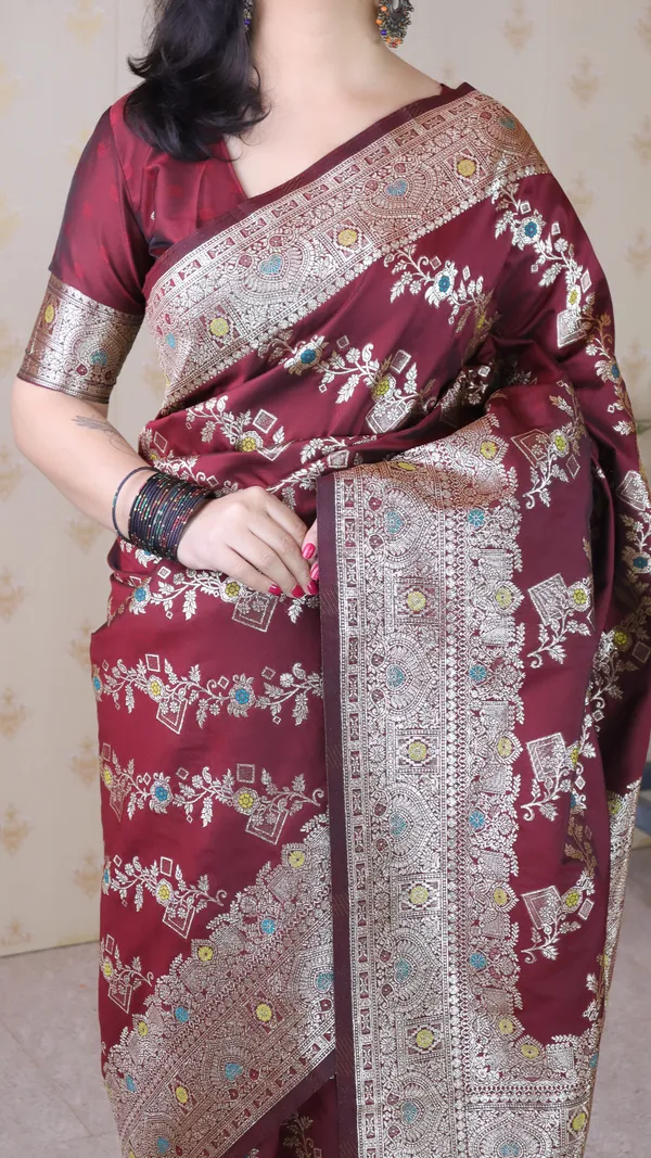 Maroon_Premium_Banarasi_Soft_Silk_With_Silver_Zari_Meenakari_Jaal_Weaved_Saree_With_Blouse_Piece_For_Women_&_Girl