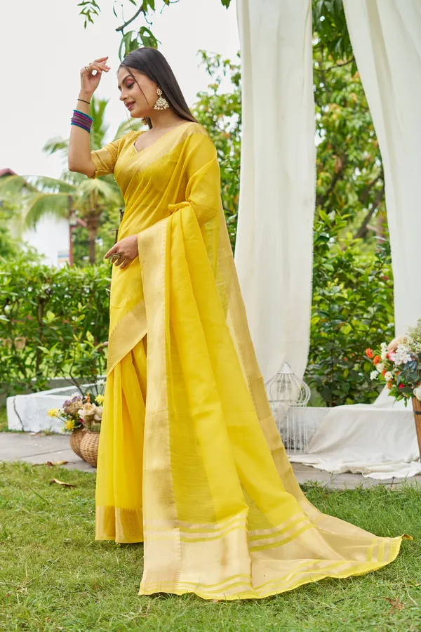 Yellow_Linen_Saree_For_Women_&_Girls