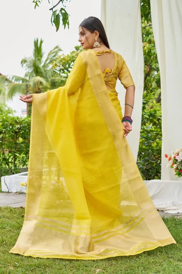 Yellow_Linen_Saree_For_Women_&_Girls