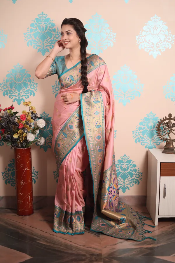 Baby_Pink_Paithani_Saree_With_Gold_Zari_Peacock_Motifs_Saree_With_Blouse_Piece_For_Women_&_Girl