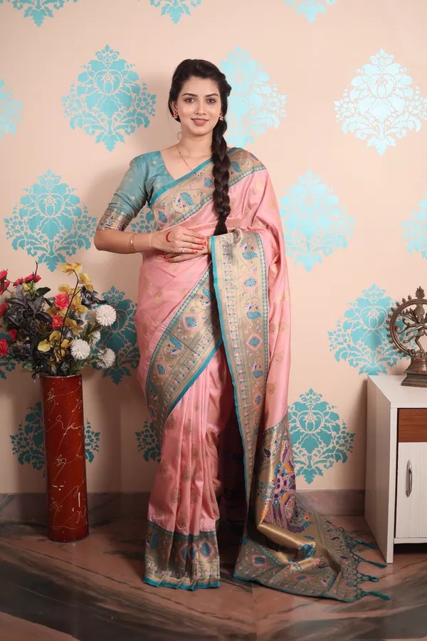 Baby_Pink_Paithani_Saree_With_Gold_Zari_Peacock_Motifs_Saree_With_Blouse_Piece_For_Women_&_Girl