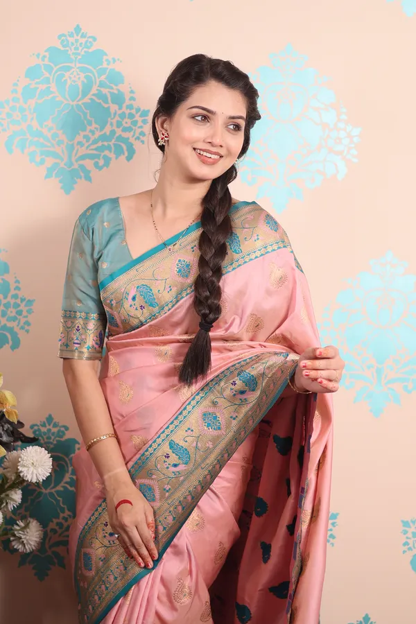 Baby_Pink_Paithani_Saree_With_Gold_Zari_Peacock_Motifs_Saree_With_Blouse_Piece_For_Women_&_Girl