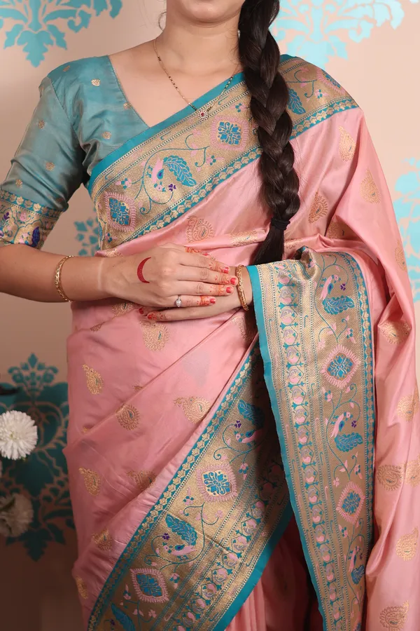 Baby_Pink_Paithani_Saree_With_Gold_Zari_Peacock_Motifs_Saree_With_Blouse_Piece_For_Women_&_Girl