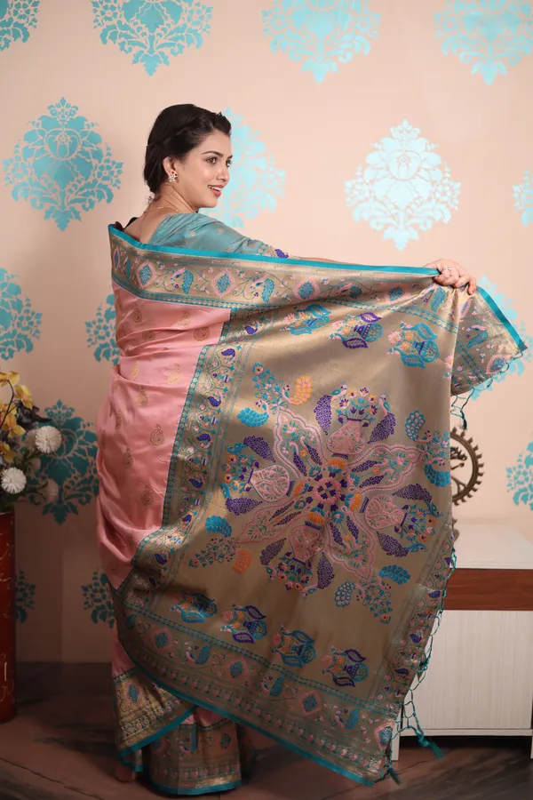 Baby_Pink_Paithani_Saree_With_Gold_Zari_Peacock_Motifs_Saree_With_Blouse_Piece_For_Women_&_Girl