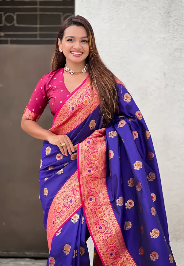 Violet_Soft_Silk_With_Flower_Butta_Meenakari_Motifs_Saree_With_Blouse_Piece_For_Women_&_Girl