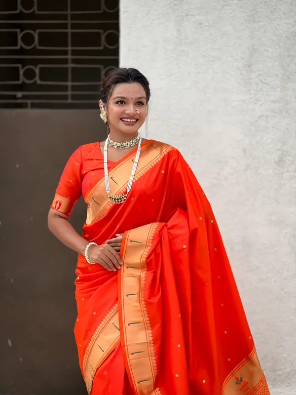 Dark_Orange_Soft_Silk_With_Floral_Motifs_Weaved_Saree_With_Blouse_Piece_For_Women_&_Girl
