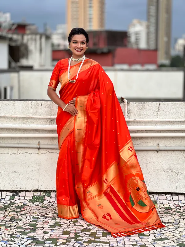 Dark_Orange_Soft_Silk_With_Floral_Motifs_Weaved_Saree_With_Blouse_Piece_For_Women_&_Girl