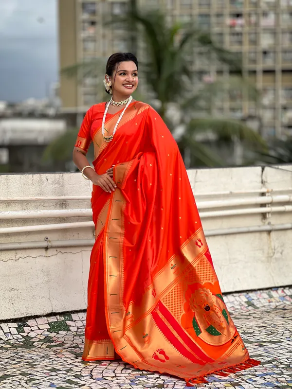 Dark_Orange_Soft_Silk_With_Floral_Motifs_Weaved_Saree_With_Blouse_Piece_For_Women_&_Girl