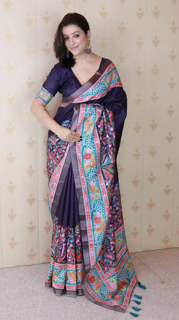 Navy_Tussar_Silk_With_Floral_Prints_Saree_With_Blouse_Piece_For_Women_&_Girl