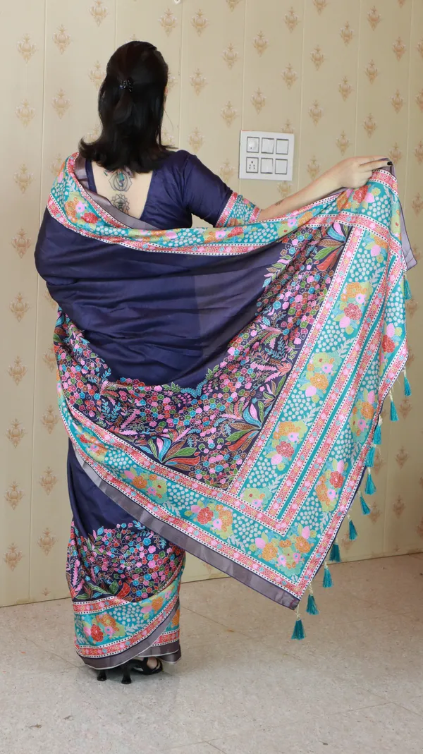 Navy_Tussar_Silk_With_Floral_Prints_Saree_With_Blouse_Piece_For_Women_&_Girl