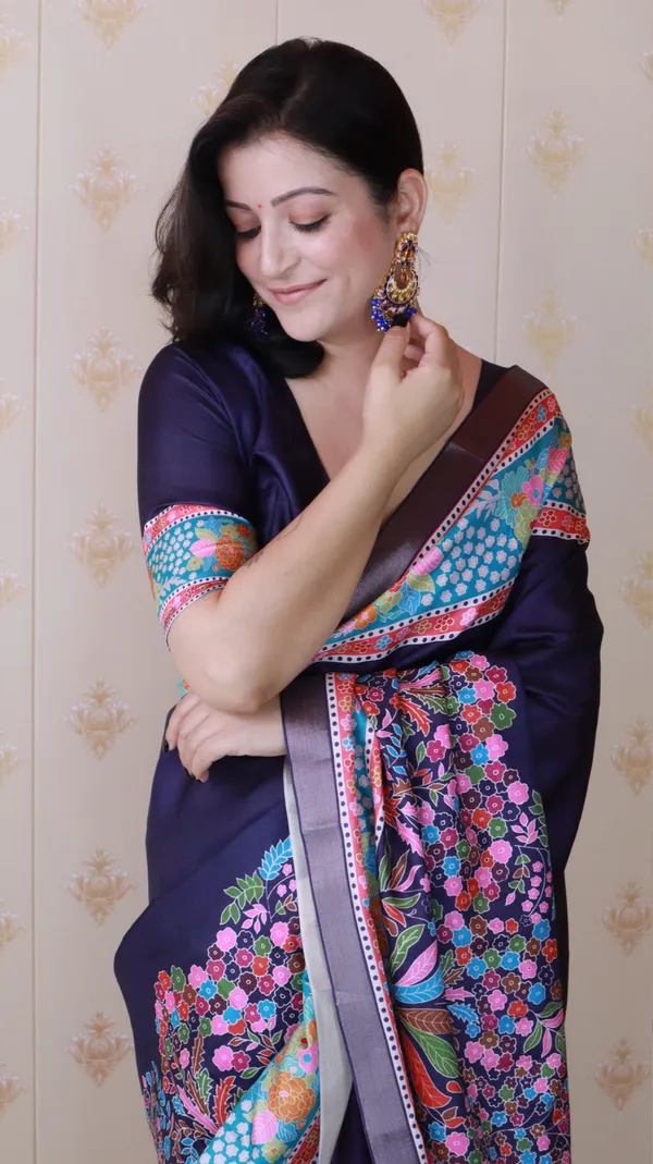 Navy_Tussar_Silk_With_Floral_Prints_Saree_With_Blouse_Piece_For_Women_&_Girl