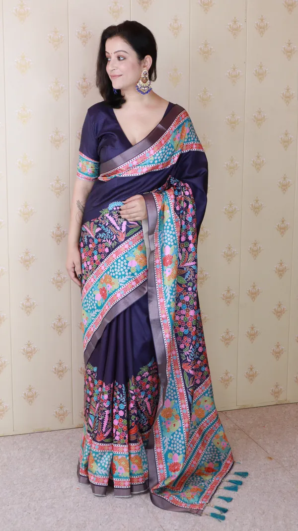 Navy_Tussar_Silk_With_Floral_Prints_Saree_With_Blouse_Piece_For_Women_&_Girl