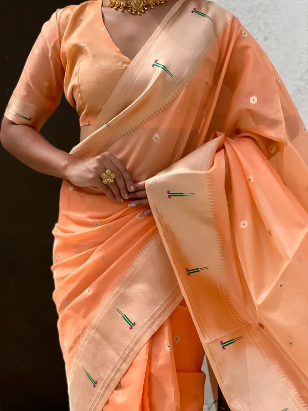 Light_Orange_Soft_Organza_Saree_With_Butti_Meenakari_Zari_Weaved_Saree_With_Blouse_Piece_For_Women_&_Girl