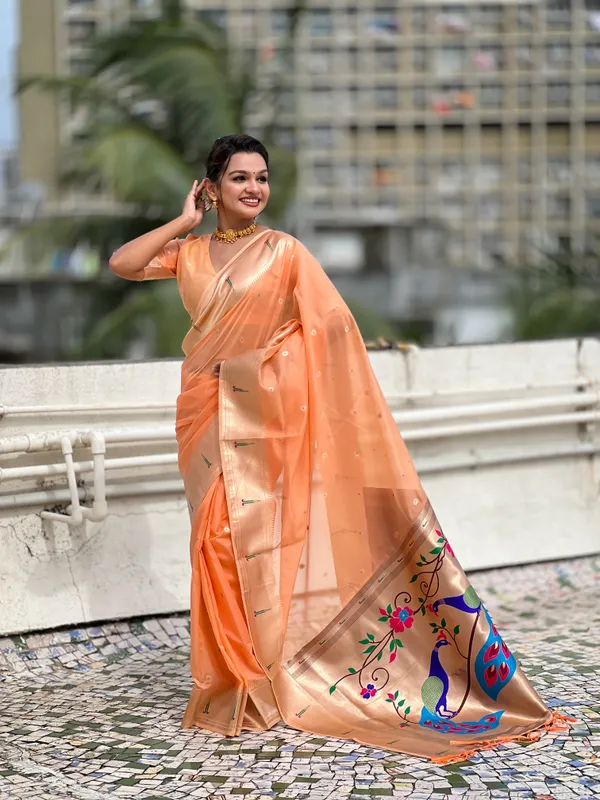 Light_Orange_Soft_Organza_Saree_With_Butti_Meenakari_Zari_Weaved_Saree_With_Blouse_Piece_For_Women_&_Girl