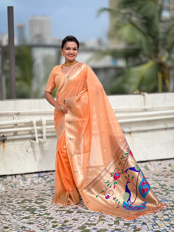 Light_Orange_Soft_Organza_Saree_With_Butti_Meenakari_Zari_Weaved_Saree_With_Blouse_Piece_For_Women_&_Girl