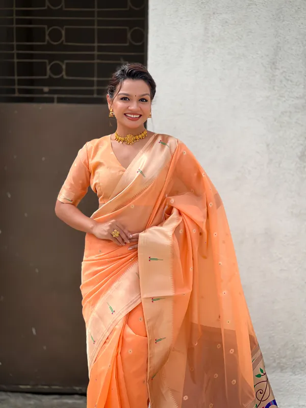 Light_Orange_Soft_Organza_Saree_With_Butti_Meenakari_Zari_Weaved_Saree_With_Blouse_Piece_For_Women_&_Girl