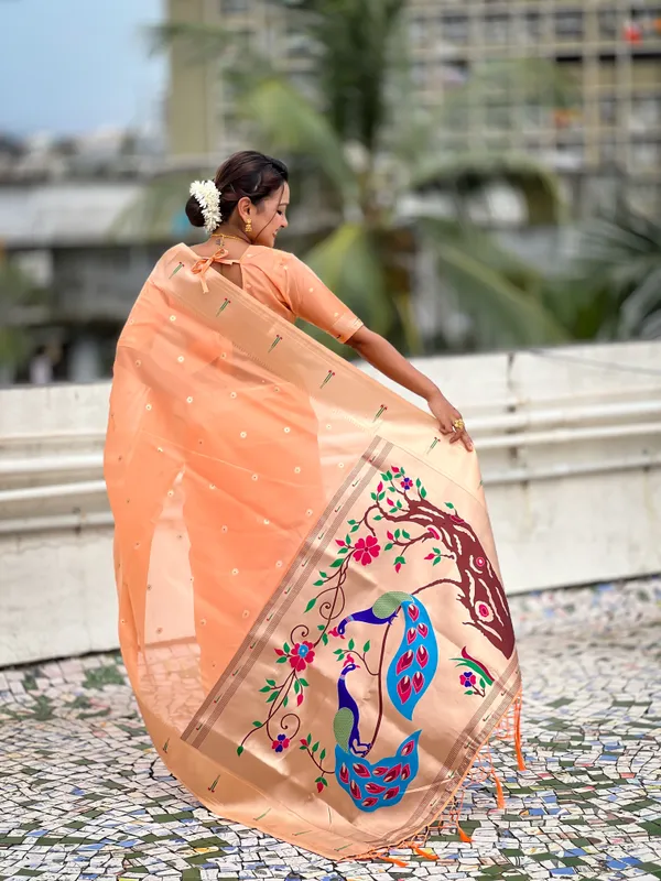 Light_Orange_Soft_Organza_Saree_With_Butti_Meenakari_Zari_Weaved_Saree_With_Blouse_Piece_For_Women_&_Girl