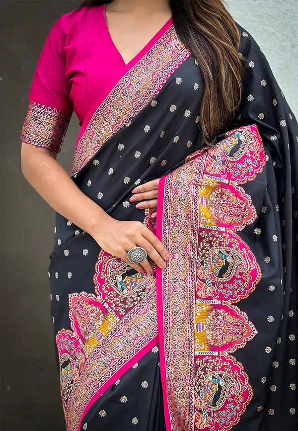 Black_Pashmina_Darbari_Saree_With_Gold_Zari_Weaved_Saree_With_Blouse_Piece_For_Women_&_Girl